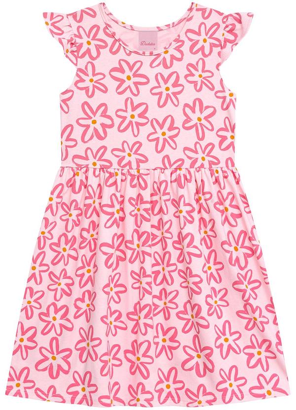 Vestido Mangas Copinho com Estampa Flores Rosa