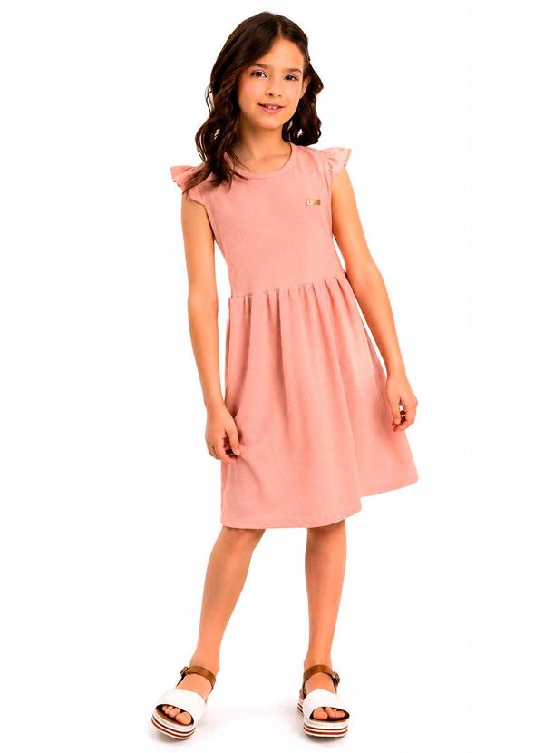 Vestido Mangas Franzidas com Plaquinha Rosa