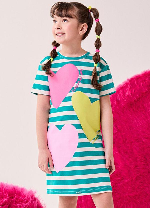 Vestido Menina com Listras e Corações Verde