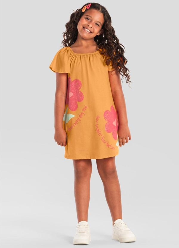 Vestido Menina de Flores Brilhantes Laranja