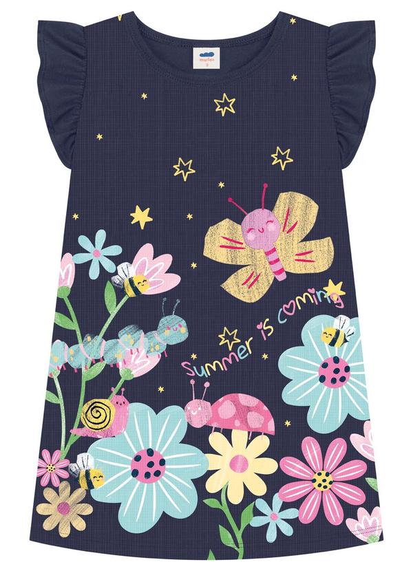 Vestido Menina Estampado Manga Babado Azul
