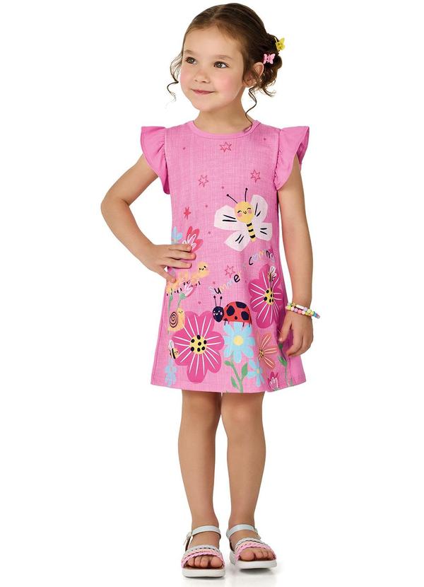 Vestido Menina Estampado Manga Babado Rosa