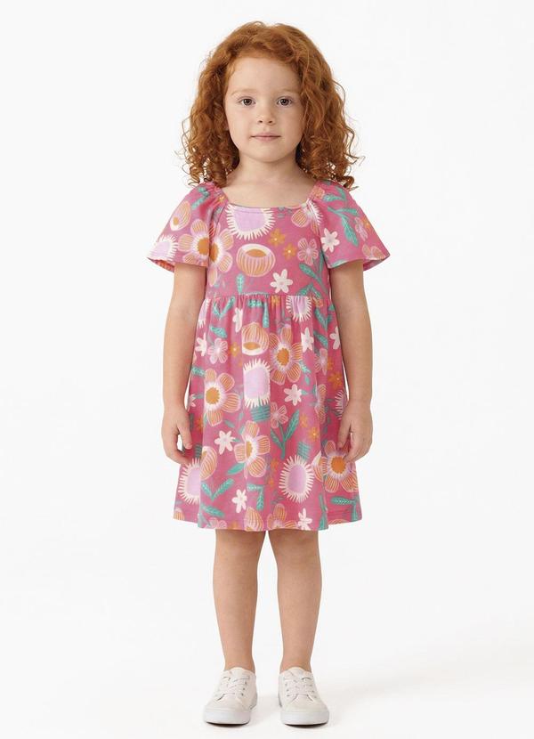 Vestido Menina Floral Mangas Curtas Rosa