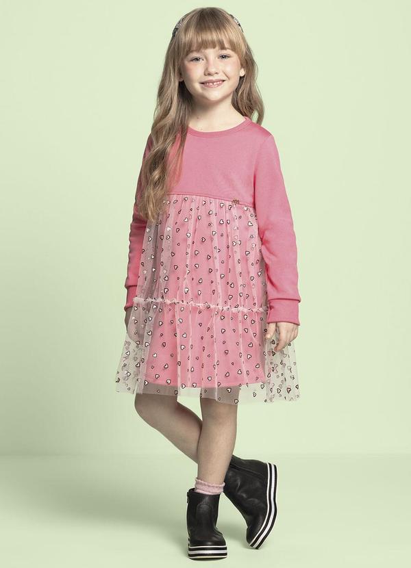 Vestido Menina Malha Sport e Tule Coração Rosa