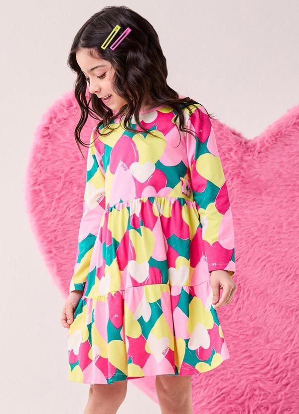 Vestido Menina Manga Longa com Corações Amarelo