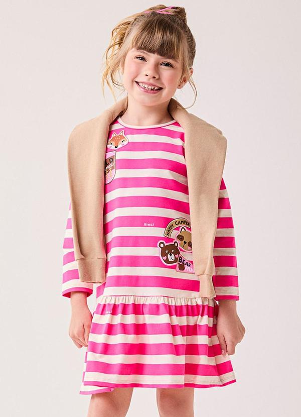 Vestido Menina Manga Longa com Listras Rosa