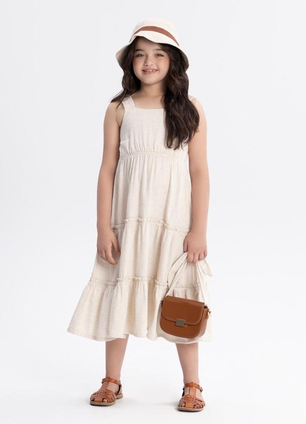 Vista 2 Vestido Midi de Alças em Sarja com Linho Bege Alakazoo Alakazoo
