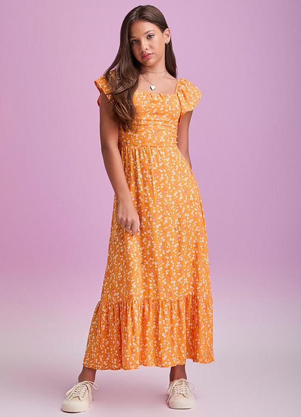 Vestido Midi Floral com Abelhas Laranja