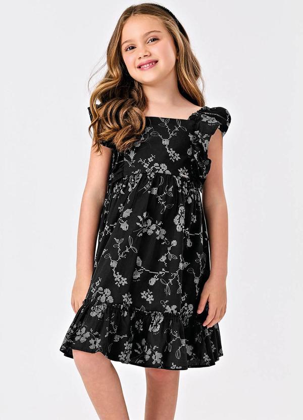 Vestido Popeline Floral Bordado Preto