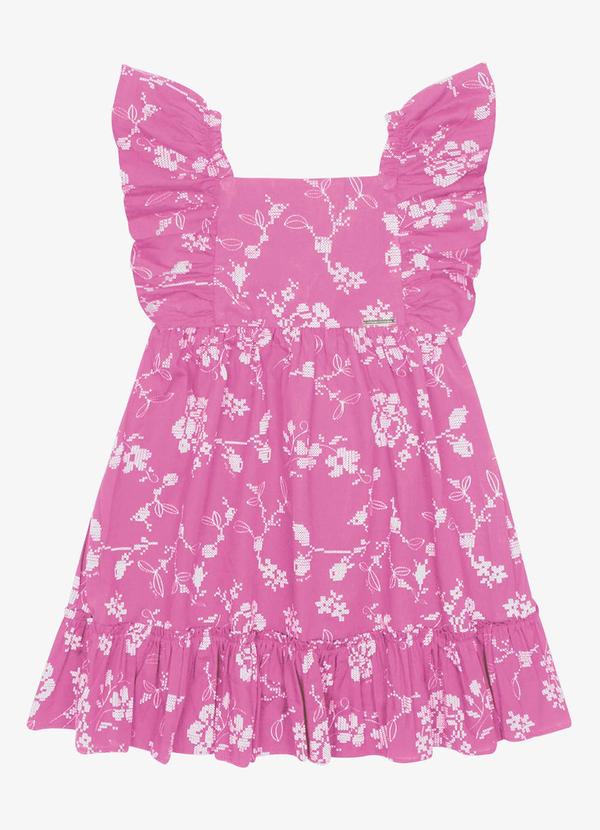 Vestido Popeline Floral Bordado Rosa