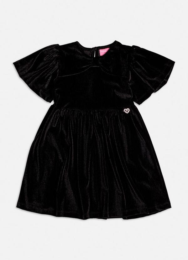 Vestido Preto de Veludo Cotelê com Laço Marinho