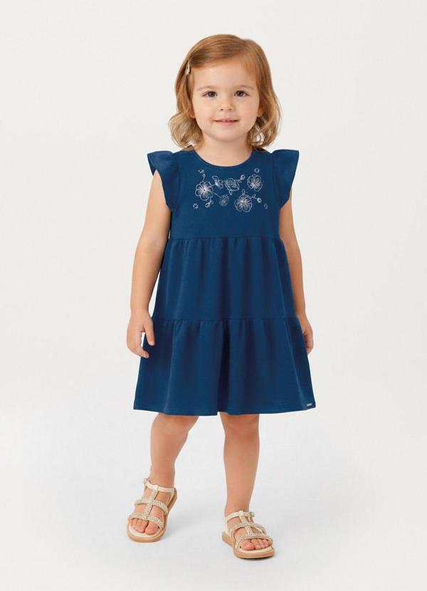 Vestido Rodado Acinturado Floral Azul Escuro