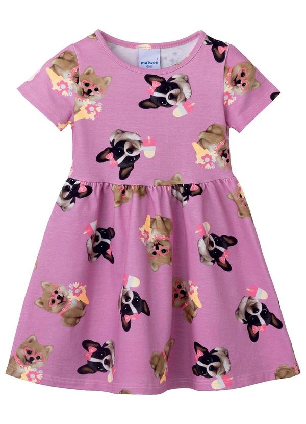 Vestido Rodado Cachorrinhos em Cotton Rosa Malva