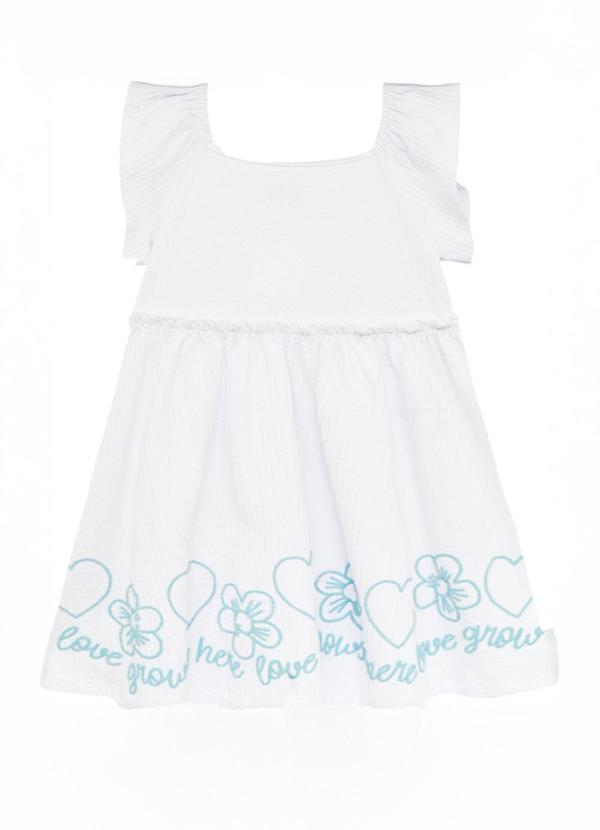 Vestido Rodado Coração e Flores Branco