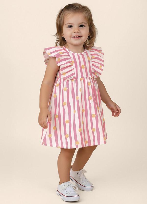 Vestido Rodado Listrado com Babados Rosa