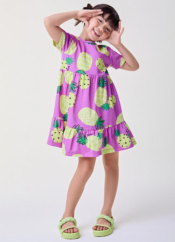 Vestido Roxo com Fruit Print de Abacaxis Roxo
