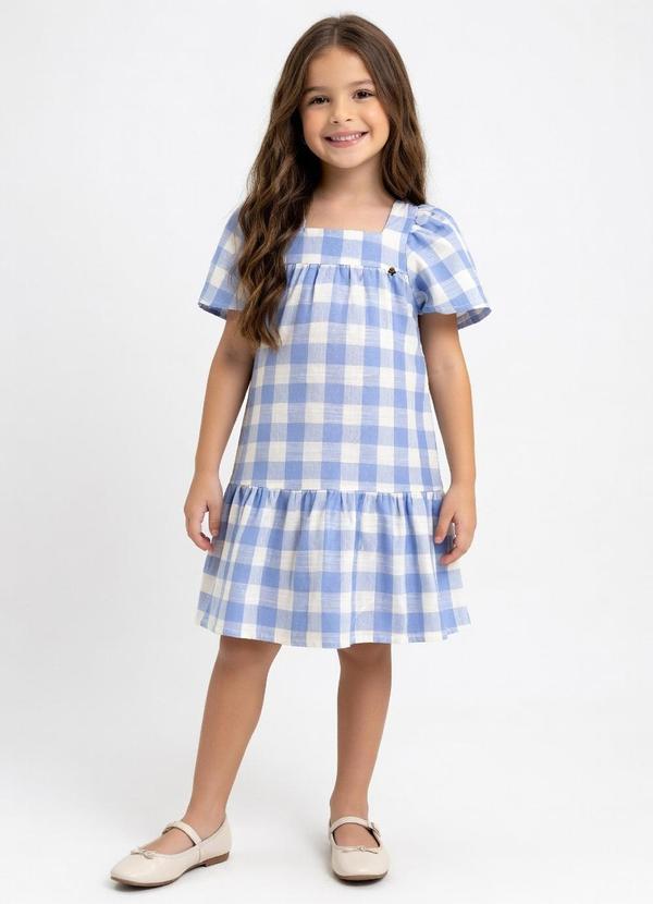 Vestido Tecido Fio Tinto e Meia Malha Azul