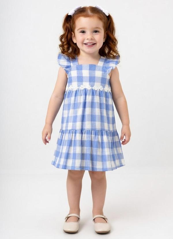 Vestido Tecido Fio Tinto e Meia Malha Azul