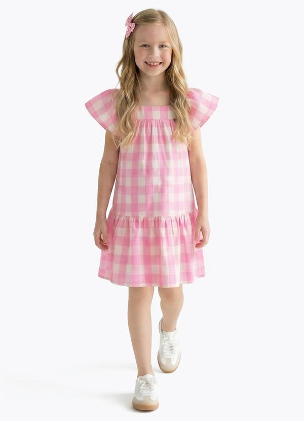 Vestido Tecido Fio Tinto e Meia Malha Rosa