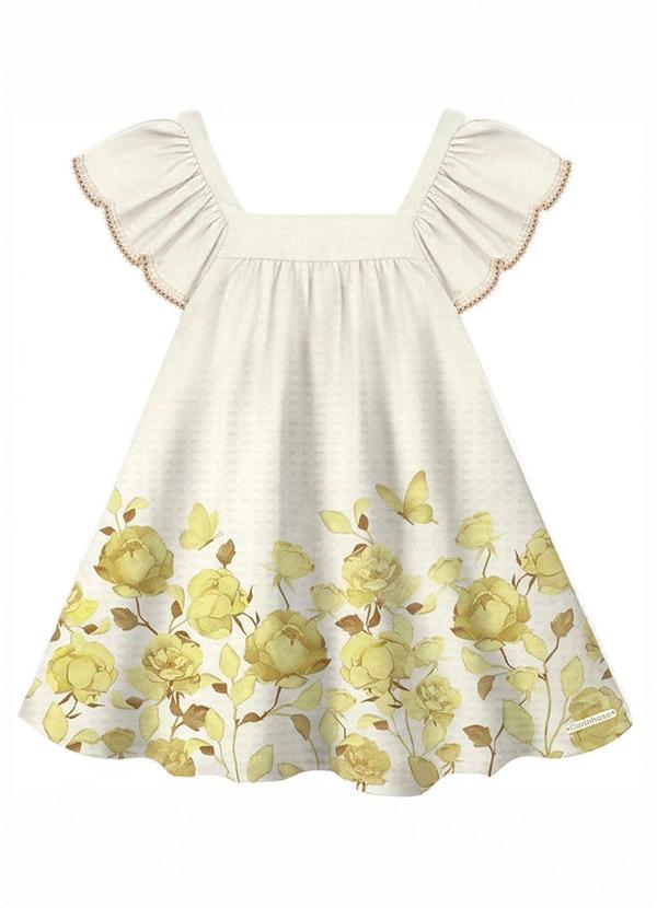Vestido Texturizado Flores e Borboleta Off White