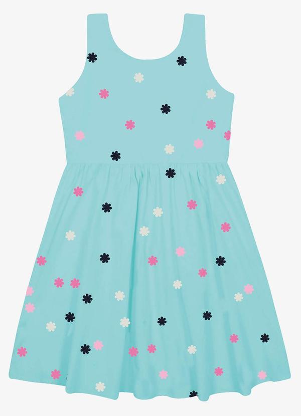 Vestido Tricoline Bordado Florzinhas Azul