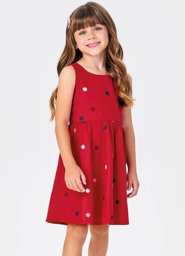 Vestido Tricoline Bordado Florzinhas Vermelho