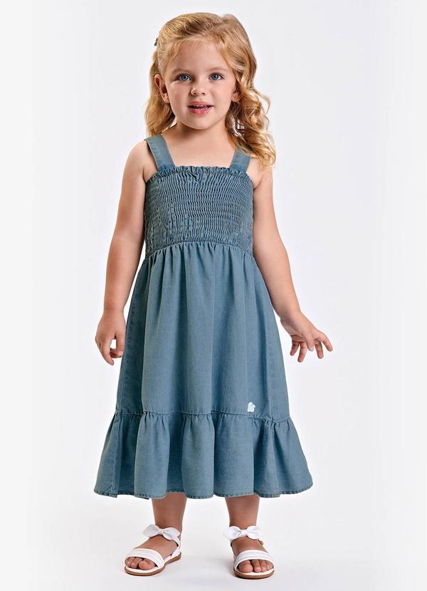Vestido Verão Menina Midi com Franzido Azul