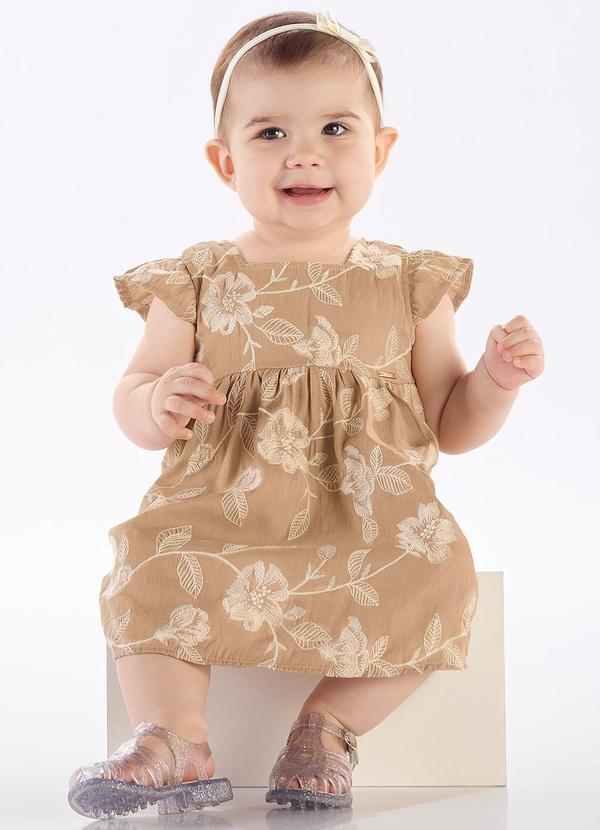 Vestido Viscose Bordada e Malha Forro Marrom