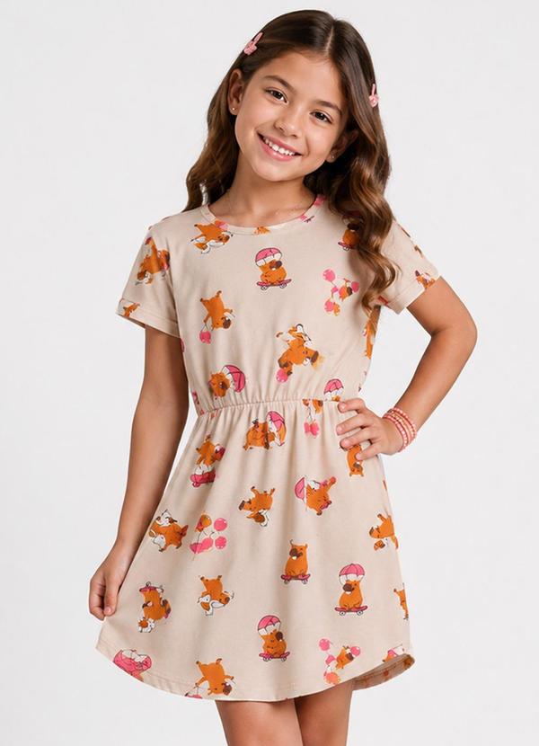 Vestido Curto Infantil Estampado Bege