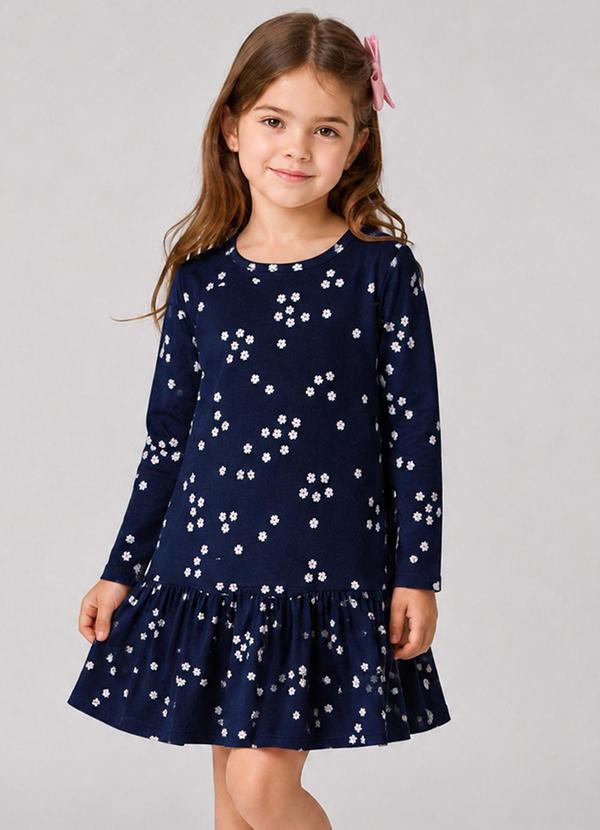 Vestido Infantil Manga Longa Estampado Azul