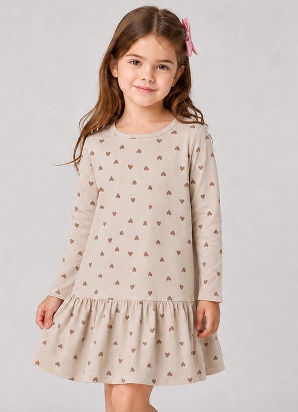 Vestido Infantil Manga Longa Estampado Bege
