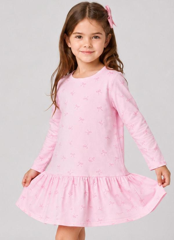 Vestido Infantil Manga Longa Estampado Rosa
