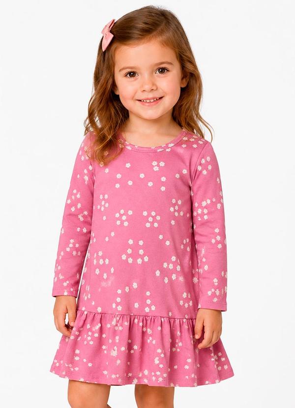 Vestido Infantil Manga Longa Estampado Rosa