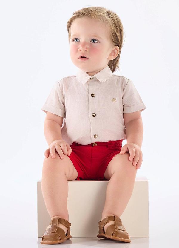 Body Camisa Bebê Menino Algodão Linho Bege