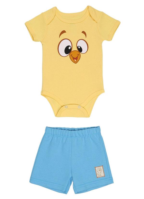 Vista 2 Body em Ribana 1x1 Shorts Moletinho Amarelo Galinha Pintadinha Galinha Pintadinha