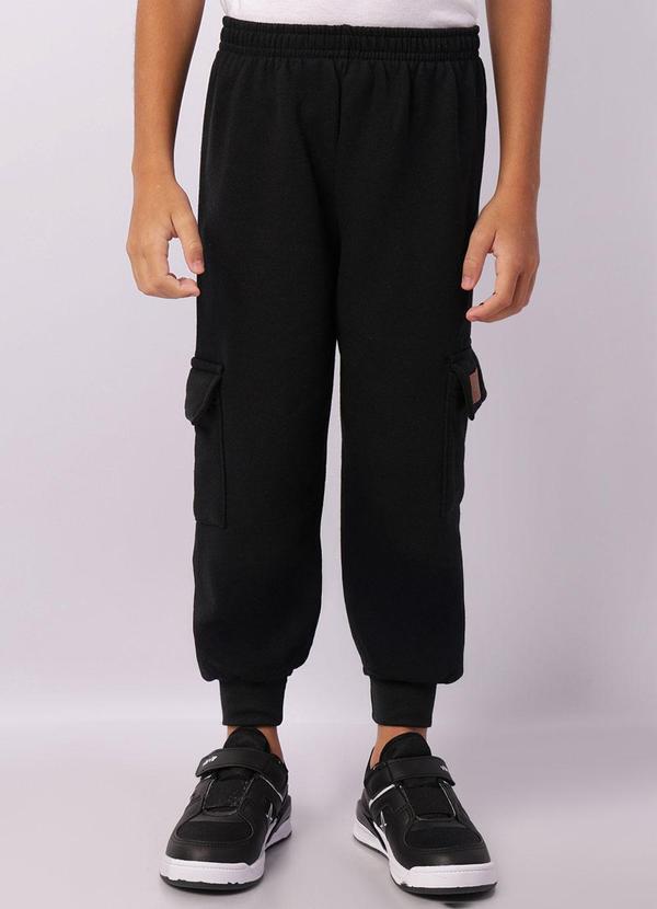Calça Moletom Infantil Jogger Bolso Cargo Preta