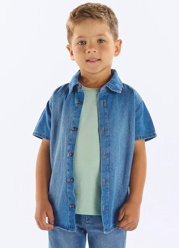 Camisa Jeans Manga Curta Infantil Azul