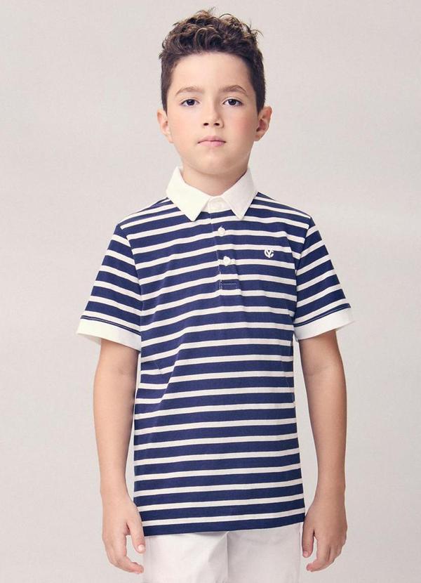 Camisa Polo Listrada com Bordado Marinho