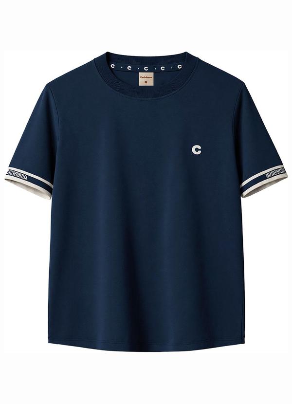 Camiseta Básica com Bordado em Malha Azul