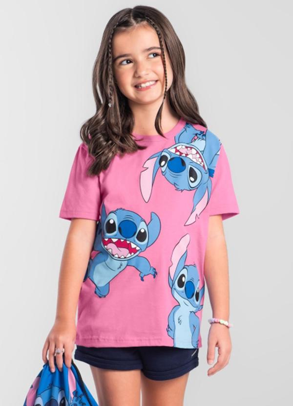 Vista 2 Camiseta Infantil Stitch com Bolsa Rosa Brandili Brandili