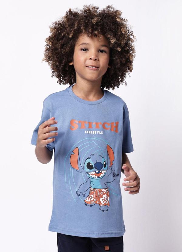 Camiseta Infantil Stitch Manga Curta Azul