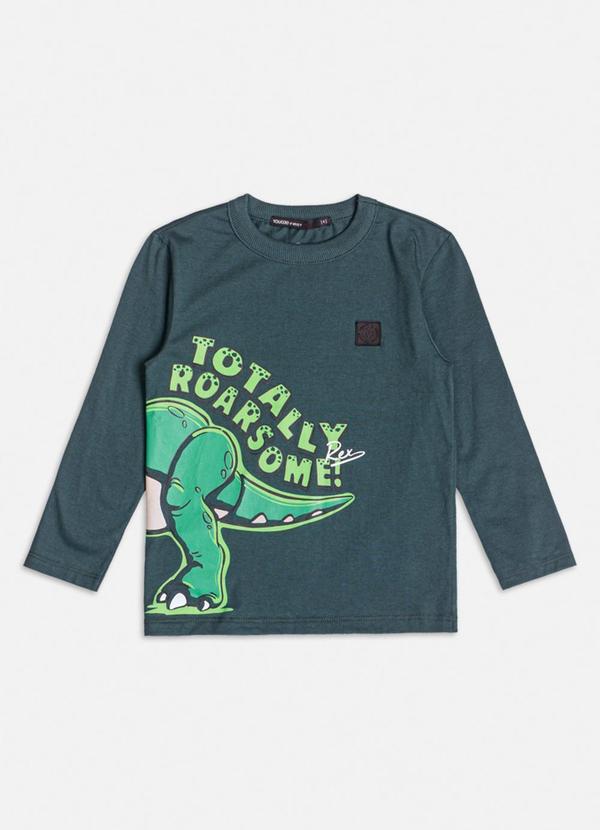 Camiseta Manga Longa com Dinossauro Verde
