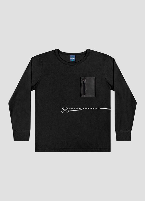 Camiseta Infantil Menino Manga Longa com Bolso Preto