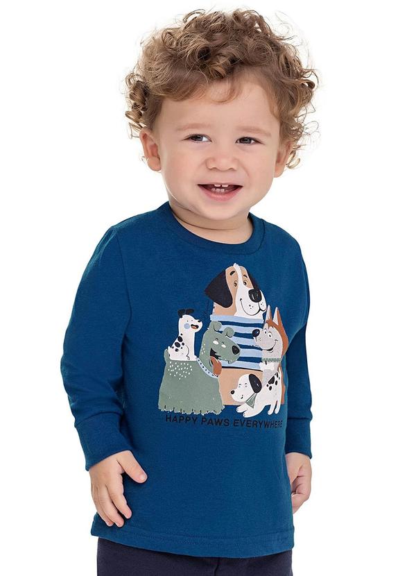 Camiseta Manga Longa Bebê Menino Bichos Azul