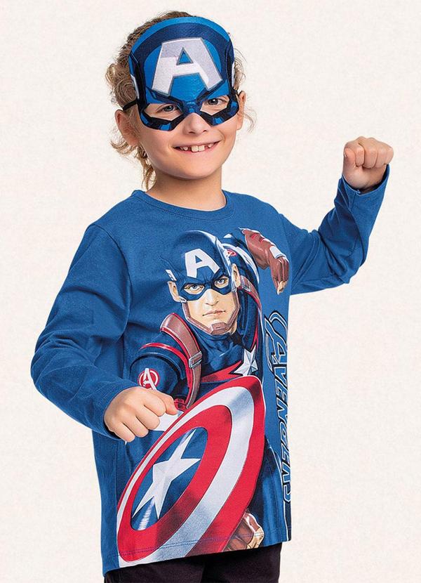 Camiseta Manga Longa com Máscara Avengers Azul