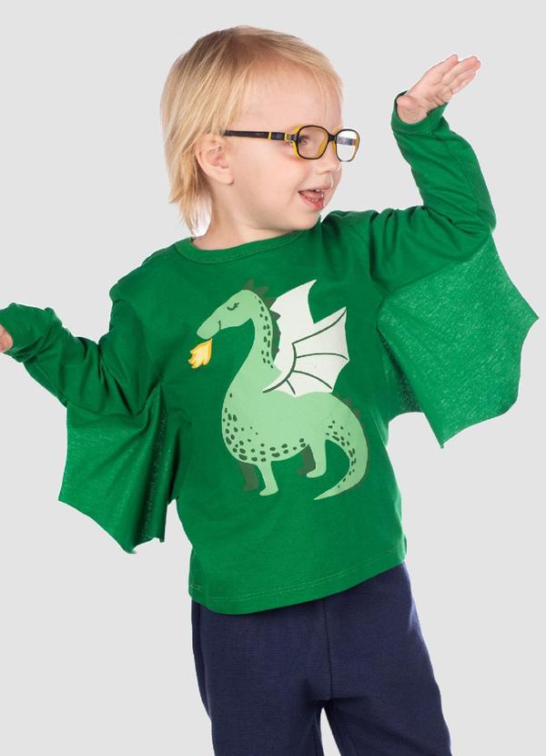 Camiseta Manga Longa Dragão e Asas Menino Verde