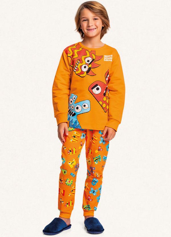 Vista 2 Conjunto Pijama Manga Longa e Calça Laranja Fakini Kids Fakini Kids