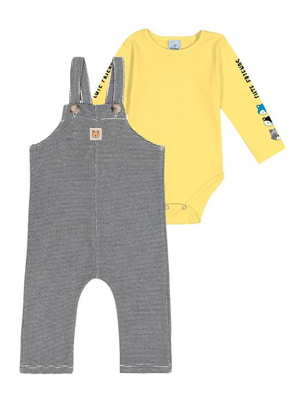 Vista 2 Conjunto Body e Jardineira Listrada Baby Amarelo Abrange Abrange