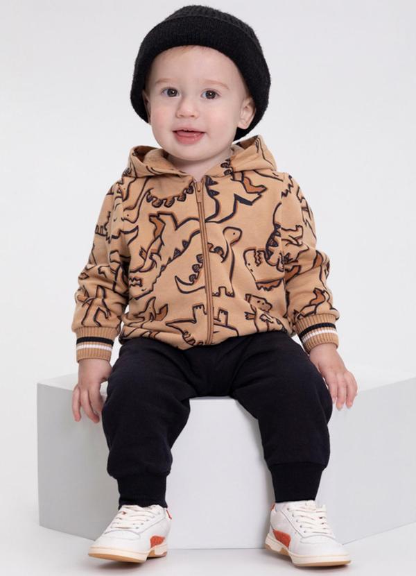 Conjunto em Moletom com Capuz e Retilínea Bege
