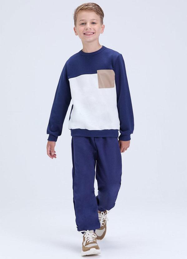 Conjunto Moletom Bicolor com Bolso Marinho